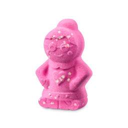Mother Christmas. A festive, fun bath bomb shaped like a female character with shoes, a collared dress, hair updo and glasses. There are tiny white stars throughout the product 