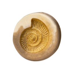 Ms Ammonite. A round soap bar featuring a detailed, embossed ammonite fossil pattern coated in shimmering gold lustre