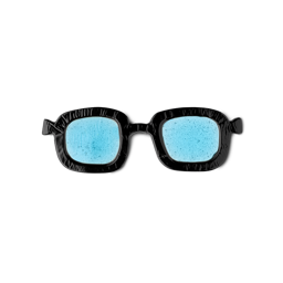 My Glasses! A gelatinous eye pad product shaped like rounded square, thick, black rimmed glasses. A translucent blue jelly is in the centre glass sections. 