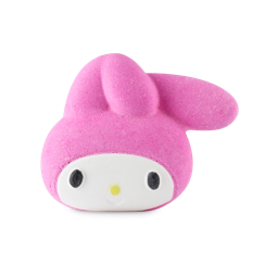 My Melody. A playful bath bomb shaped like an oval-faced, white rabbit wearing a bubblegum-pink hat over its slightly bent ears. It has two small black eyes and a small yellow nose.