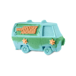 The Mystery Machine. A colourful bath bomb shaped like a 1960s American van. It is a vibrant blue colour with green details. There are orange flowers above the wheels and orange text on the window, which reads "The Mystery Machine" 
