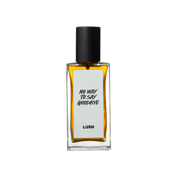 No Way To Say Goodbye. A rectangular, glass perfume bottle with a black cap is filled with translucent, amber liquid. A white label reads 'No Way To Say Goodbye'.