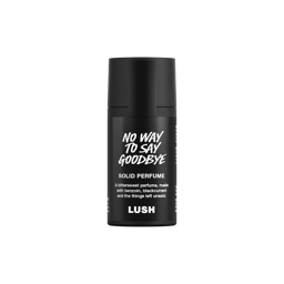 No Way To Say Goodbye. A short, cylindrical black push-up tube of the No Way To Say Goodbye solid perfume with a black label on the front covering the cap, with the product name and scent printed on it. 
