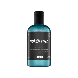 A clear bottle filled with shimmering, blue Lush North Pole shower gel, topped with a black cap and featuring a black label