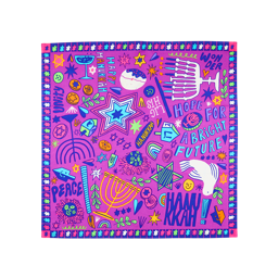 Light Shine In The Darkness. A square, fabric knot wrap. There is a border of six-sided Stars of David. The centre is a vibrant pink colour scattered with illustrations of traditional Hanukkah elements such as dreidels, menorahs and gold coins. 