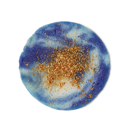 The Old Songs Are Waking. A circular Swatch of marbled, white and blue, textured body scrub topped with golden glitter. 