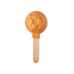 Over The Moon. A playful, reusable bubble bar comprised of a wooden handle topped with a round, golden full moon-shaped bubble bar complete with crators. 