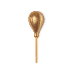 Gold Party Balloon. A shimmering, golden bubble bar shaped like a perfect balloon covered in a sparkling lustre on top of a handy wooden stick for use. 