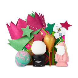 Party Time. A wrapped gift box with 4 fun products around the edge and colourful paper decorations. 