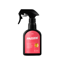 Passion. A classic black LUSH body spray bottle with a hot-fuschia sticker and the product name "Passion" printed on the front. 