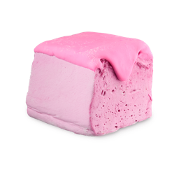 Happy Blooming Delight. A cuboid-shaped block of pastel pink soap, resembling the texture of a marshmallow. It is topped with a thick, glossy, darker pink coating that drips down one side, revealing a porous texture below.