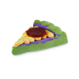 Peace, Love and Pizza. A fun bath bomb shaped like a pizza slice complete with a bright green pizza bath bomb base, thick, cheesy-shaped bath melt and a pepperoni soap slice sopping. 