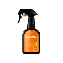Peaches. A classic black LUSH body spray bottle with an electric orange sticker with the product name "Peaches" printed on the front. 