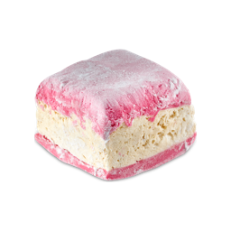 Christmas Peppermint Delight. A soft, doughy square of marshmallow-textured soap. It has a thick, creamy centre layer sandwiched by a dusted, pink top and bottom. 