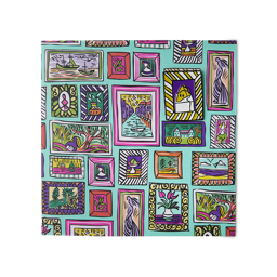 Pictures For You. A vibrant, hand-drawn greetings card with a pattern of miniature framed artworks on a teal background. One of the framed artworks has a detachable pin badge.