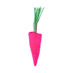 Baby Rainbow Carrot. A bubble bar shaped like a perfect pink carrot complete with green raffia leaves on top. 
