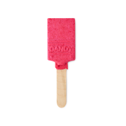 Candy Bubble Brush. A bright pink reusable bubble bar shaped like the head of a thick paintbrush with a wooden stick for the handle. The word "CANDY" is embossed at the base of the bubble bar. 