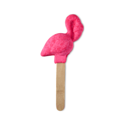 Pink Flamingo. A reusable bubble bar comprised of a wooden stick handle topped with a fun, playful, pink flamingo-shaped bubble bar on top. 