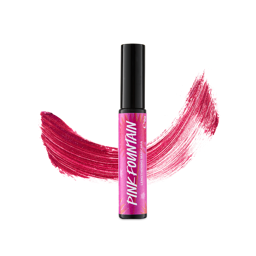 Pink Fountain. A tube of Lush "Pink Fountain" lengthening mascara standing vertically. Behind the black and pink tube, a curved, shimmering magenta swatch of the mascara is smeared in a bold brushstroke.