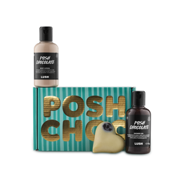Posh Choc. A rectangular, cardboard gift box designed with light and dark teal stripes with the words "Posh Choc" in thick gold writing. A massage bar, Posh Chocolate body lotion and shower gel sit around the box. 