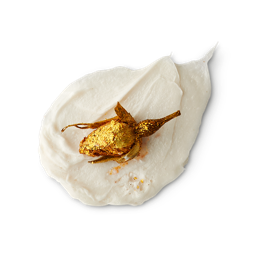 Posh White Chocolate and Roses. A neatly smudged swatch of thick, creamy body wash with an unopened flower bud dipped in gold glitter on top.