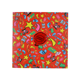 Practical Joker. A square greetings card with a bright red background. The card has illustrations of accessories associated with practical jokes including false gum and confetti. In the centre is a detachable, red, whoopee cushion pin badge. 