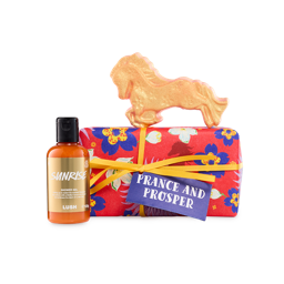 The Prance and Prosper gift set features a red floral box tied with a yellow ribbon. A bottle of orange Sunrise shower gel stands next to it, while a shimmering gold horse bath bomb with plastic-free glitter rests on top.
