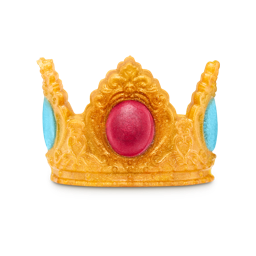 Gold, shimmering crown soap with a large red jewel in the center and blue jewels on the sides all glitter is plastic free.