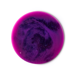 A circular, top-down view of swirling deep purple and vibrant magenta liquid. The shower gel is filled with shimmering plastic-free glitter.