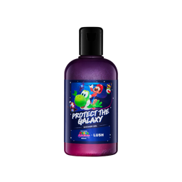 A clear plastic bottle filled with shimmery deep purple Lush shower gel, featuring a dark blue cosmic label with Mario riding Yoshi beneath the text "Protect The Galaxy".