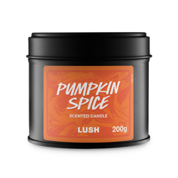 Pumpkin Spice single-wick candle. A round, black metal tin with a lid features an orange label with white 'Pumpkin Spice' text and a swirled pattern.