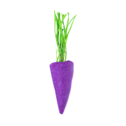Baby Rainbow Carrot. A bubble bar shaped like a perfect purple carrot complete with green raffia leaves on top. 