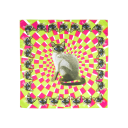 Pyewacket. A square, fabric knot wrap. It is designed with spiralling concentric circles with a pink and lime green checkerboard pattern. The border is multiple images of Siamese cat heads. In the centre is one giant Siamese cat sitting upright.