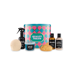 Quality Treats. A wide, cylindrical-shaped tin with a lid. It is designed with a checkered pink and blue design with thick text. Six included Lush products sit around the tin. 