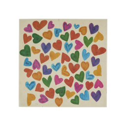 Rainbow Hearts. A square lokta wrap with an off-white background and patterned with different coloured hearts. 