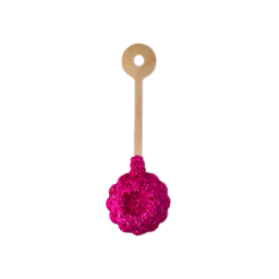 A Raspberry mini bath wand against a white background. The wand features a textured, shimmering magenta round base attached to a long wooden stick handle with a circular hole at the top.