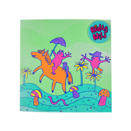 Really Wild. A square greetings card designed with a pale green background. There are mushrooms and flowers. One pink frog rides a horse holding an umbrella while a second frog dances on a flower in a hat. A pin badge sits in the corner.
