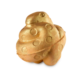 Rebirth. A Lunar New Year-themed, caramel-coloured bath bomb in the shape of a twisted and knotted snake. The product looks like a coiled-up serpent with spots along its body, covered in golden lustre. 