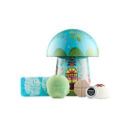 Rewild. A mushroom-shaped gift tin with a blue, folk-art-patterned lid and base stands behind various bath products, including a Lush Melt bar, a bath bomb, a solid facial serum bar, a tin of facial cleanser and a solid body scrub.