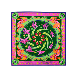 Roar and Shine. A vibrant square Lush fabric Knot Wrap, featuring a green centre with swirling pink birds, flames, and stars surrounded by orange tigers and a pink border.
