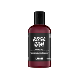A clear bottle filled with rosy pink Lush Rose Jam shower gel, topped with a black cap and featuring a black label
