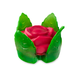 Rose. An intricate soap shaped like a perfect, blooming 3D rose. The centre is a blooming rose flower in a deep red colour. Curved up around the edges are four, bright green leaves with detailed veins. 
