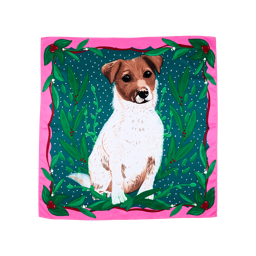 Ruby. A square, fabric knot wrap with a solid pink border and a drawing of a brown and white Jack Russel Terrier in the centre, surrounded by green holly leaves with white berries and red holly berries.