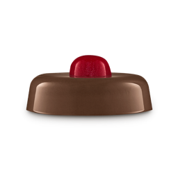A glossy, dark brown LUSH Rudolph jelly mask sits on a light gray background, topped with a small, shimmering, dome-shaped red jelly piece, resembling a reindeer's nose.