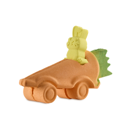 Run Rabbit Race. A fun, two-part bath bomb. The bottom part is a novelty, orange, carrot-shaped vehicle with wheels and a green stem on the back. There is a removable, yellow, rabbit-shaped bath bomb inside the car. 