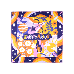 Sagittarius. A square, fabric knot wrap with a dark purple border with orange, yellow and pink swirls. It has illustrations of purple and yellow-themed flowers, flames, a sun scene, a space scene and typical Sagittarius icons of arrows and bows. 