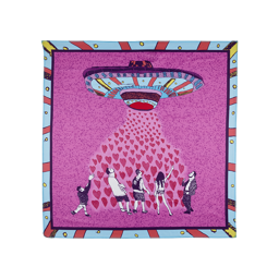 Satellite of Love. A square, fabric knot wrap with a blue and red striped border with yellow dots. The centre of the knot wrap is bright pink with a spaceship illustration showering hearts down to five people standing below. 