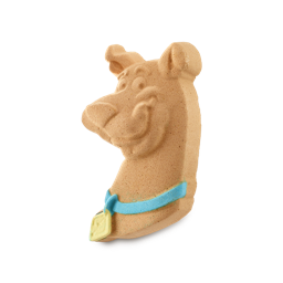 Scooby-Doo. A novelty bath bomb in the shape of the classic, children's TV show character, Scooby-Doo. A light brown Great Dane breed dog from the neck up. The character has a blue collar with a gold tag and a cheeky smile. 