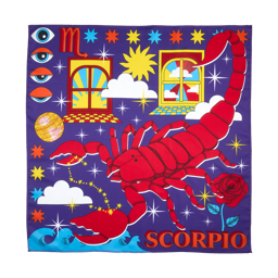 Scorpio. A square, fabric knot wrap. It has a deep purple background dotted with illustrations of stars, suns, clouds, waves, windows and other oddities. A large red scorpion and the word "Scorpio" are in the bottom right corner.