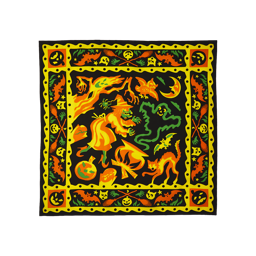 Season of the Witch knot wrap. A square fabric wrap with a vibrant, witch-themed Halloween illustration. Bright yellow, orange, and green figures including a witch, cauldron, ghost, and cat are framed by a decorative yellow border.